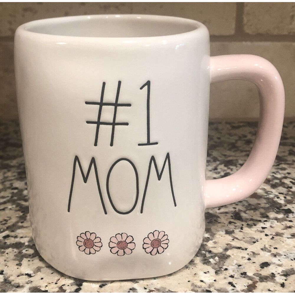 New Rae Dunn #1 MOM Mug With Flowers Ivory Pink Handle Magenta Farmhouse Gift